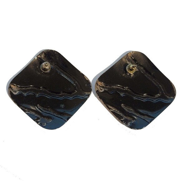 Retro Beige and Black Abstract Clip-On Earrings  Vintage 1980s Geometric Jewelry - Picture 2 of 2